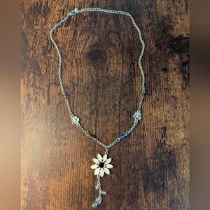 Enamel Flower Pendant with Beads on Silver Chain